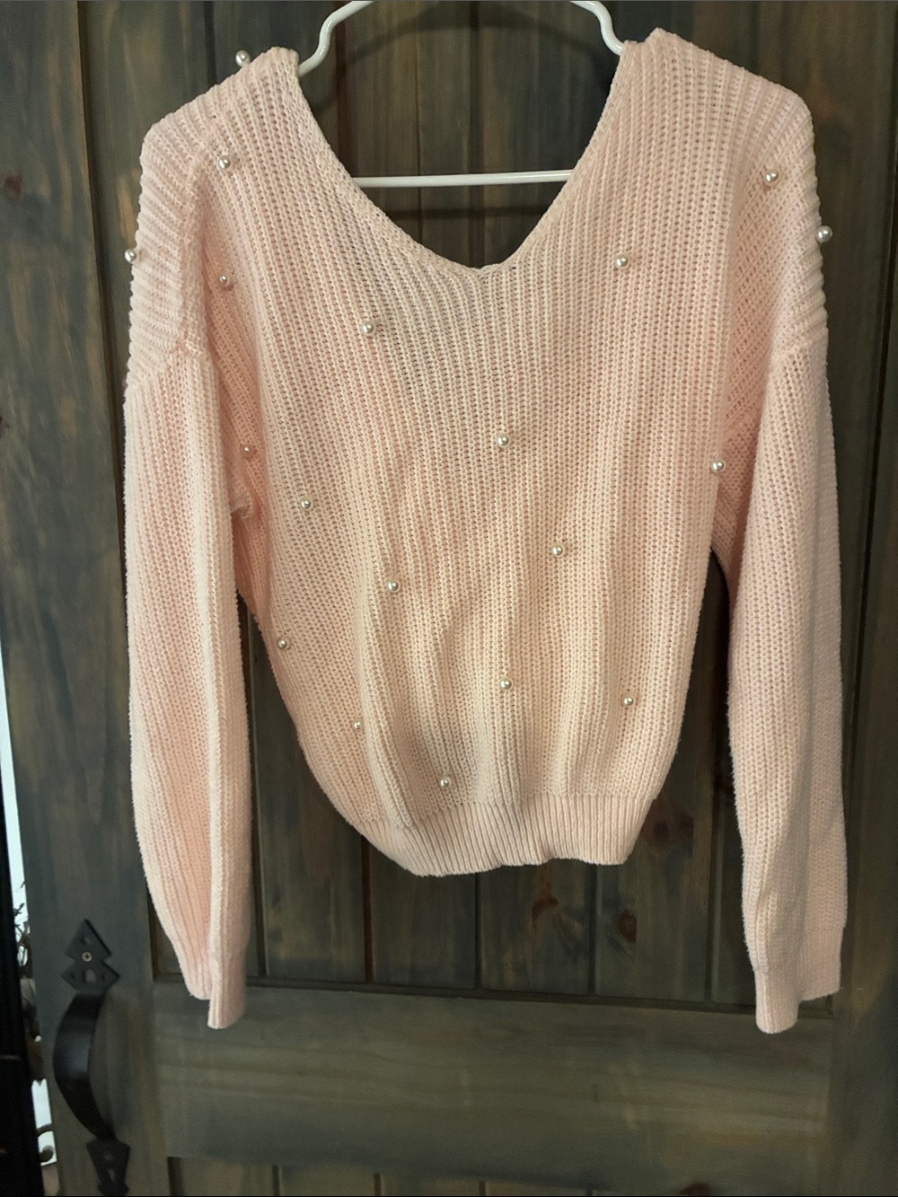 Francesca’s Pink Pearl-Embellished V-Neck Sweater